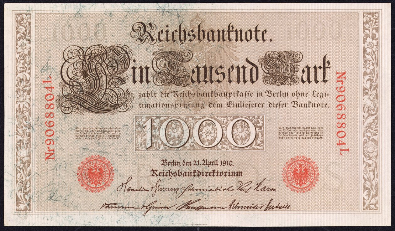 A one thousand mark banknote, 1910 by German School