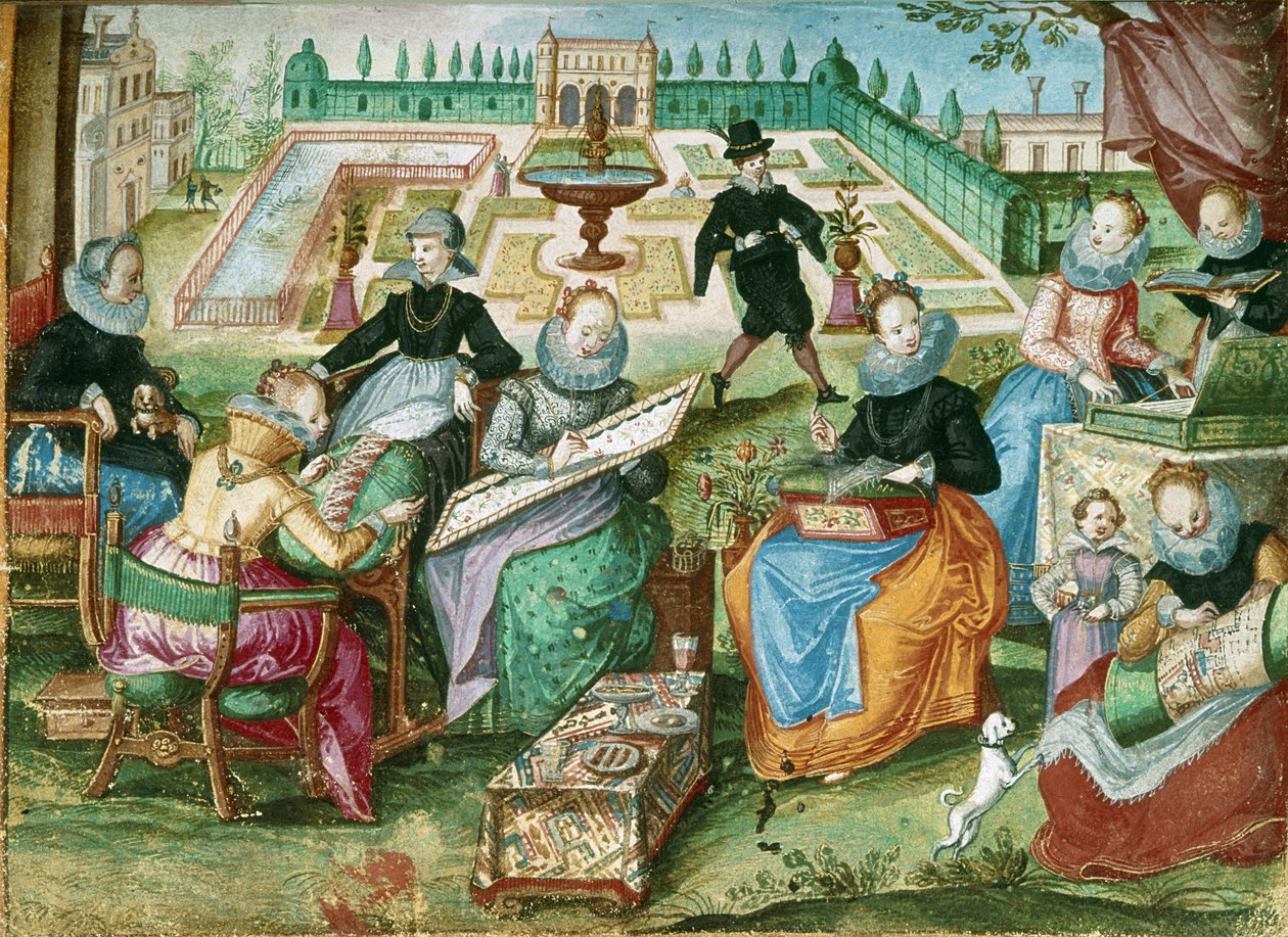 Ladies seated at their embroidery, from the 