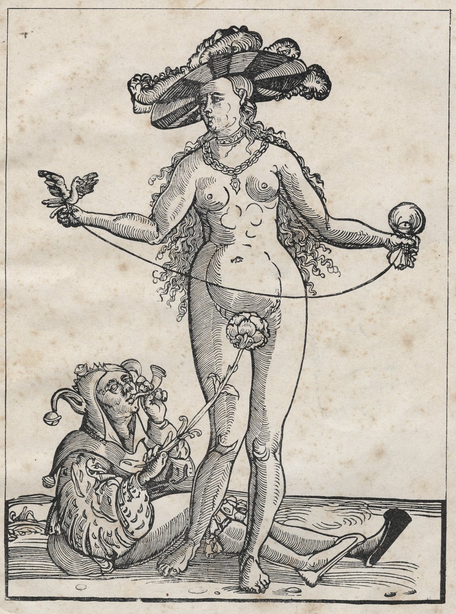 Allegory of madness (The woman and the fool) German engraving of the 16th century by German School