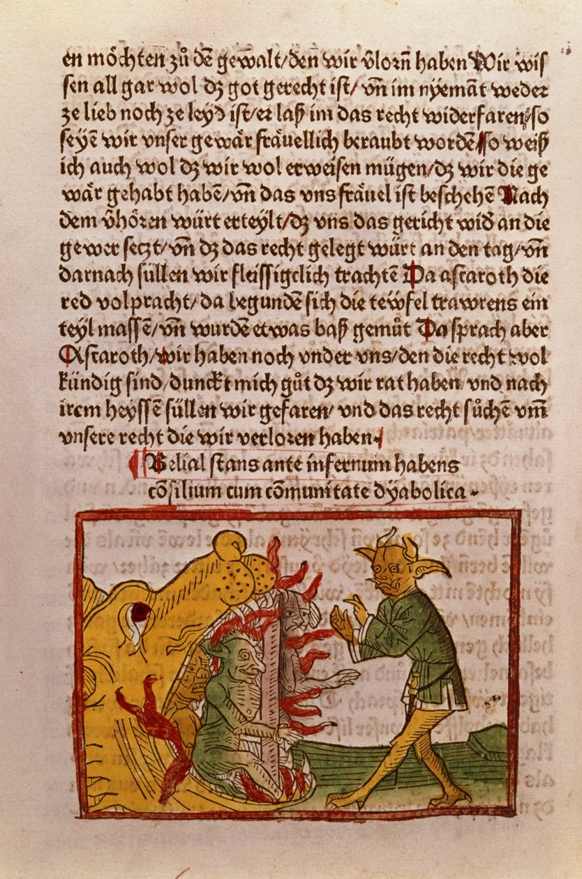 Belial at the Gates of Hell, illustration from a German translation of Das Buch Belial, 1473 by German School