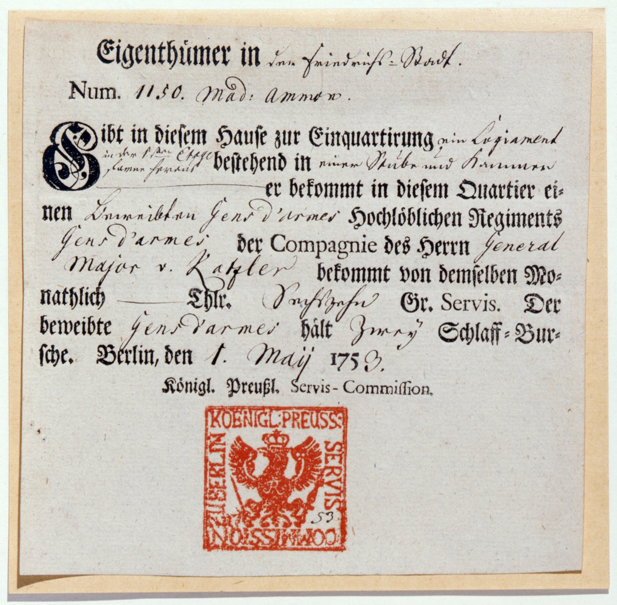 Billeting voucher, 1759 by German School