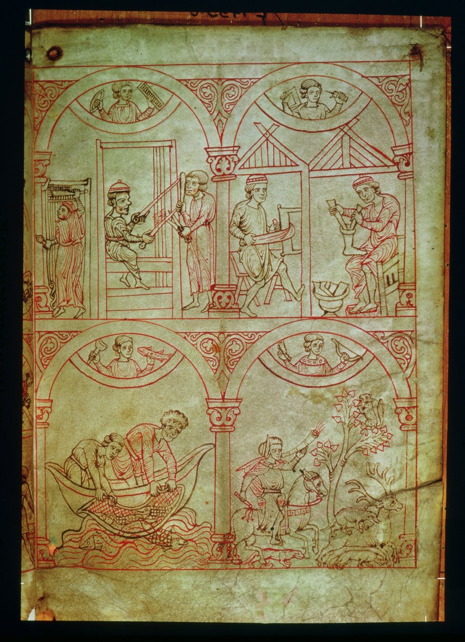 Weaver, Shoemaker, Fishermen and Hunter, from Renner Musterbuch, c.1208-18 by German School