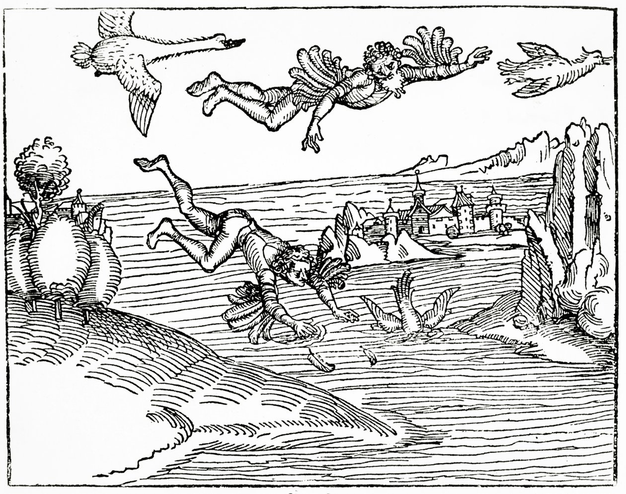 Daedalus, escaping from Crete with his son, Icarus, sees him falling to his death, 1493 by German School