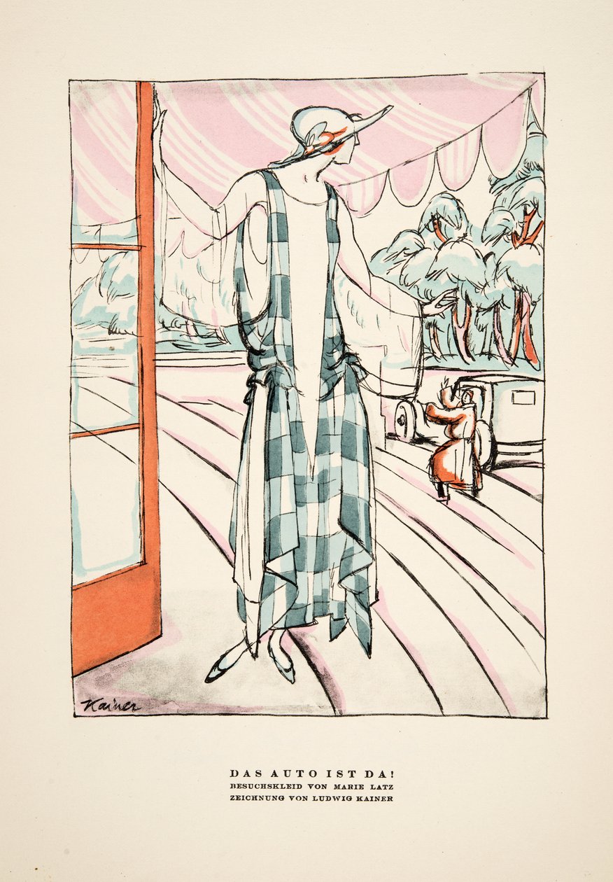 The Car is Here!, advertisement for Dress by Marie Latz, from Styl, published 1922 by German School