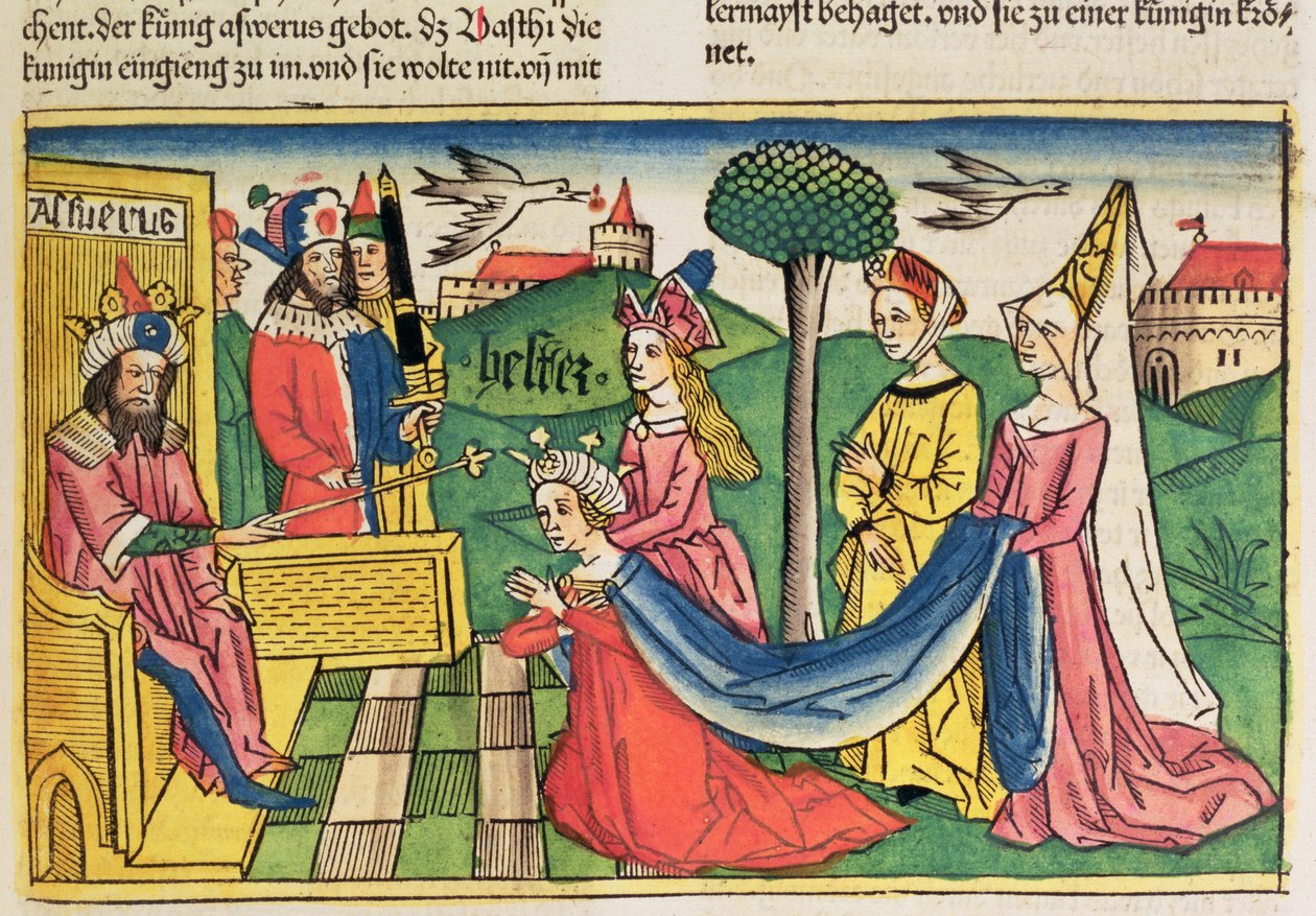 Esther 2:15-18, Esther is chosen to be Queen by the Persian King Ahasuerus, from the Nuremberg Bible by German School