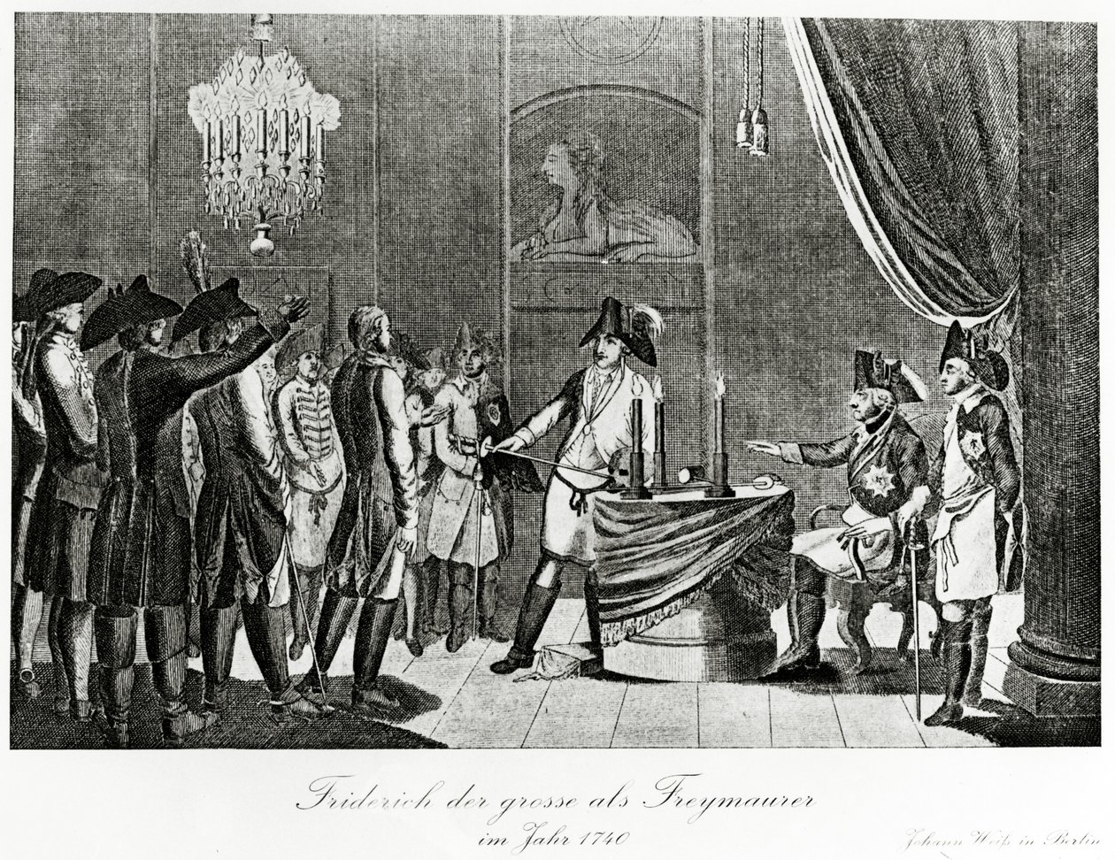 Frederick the Great receives his brother-in-law, Frederick, Margrave of Brandenburg-Bayreuth as a Freemason in Berlin in 1740 by German School