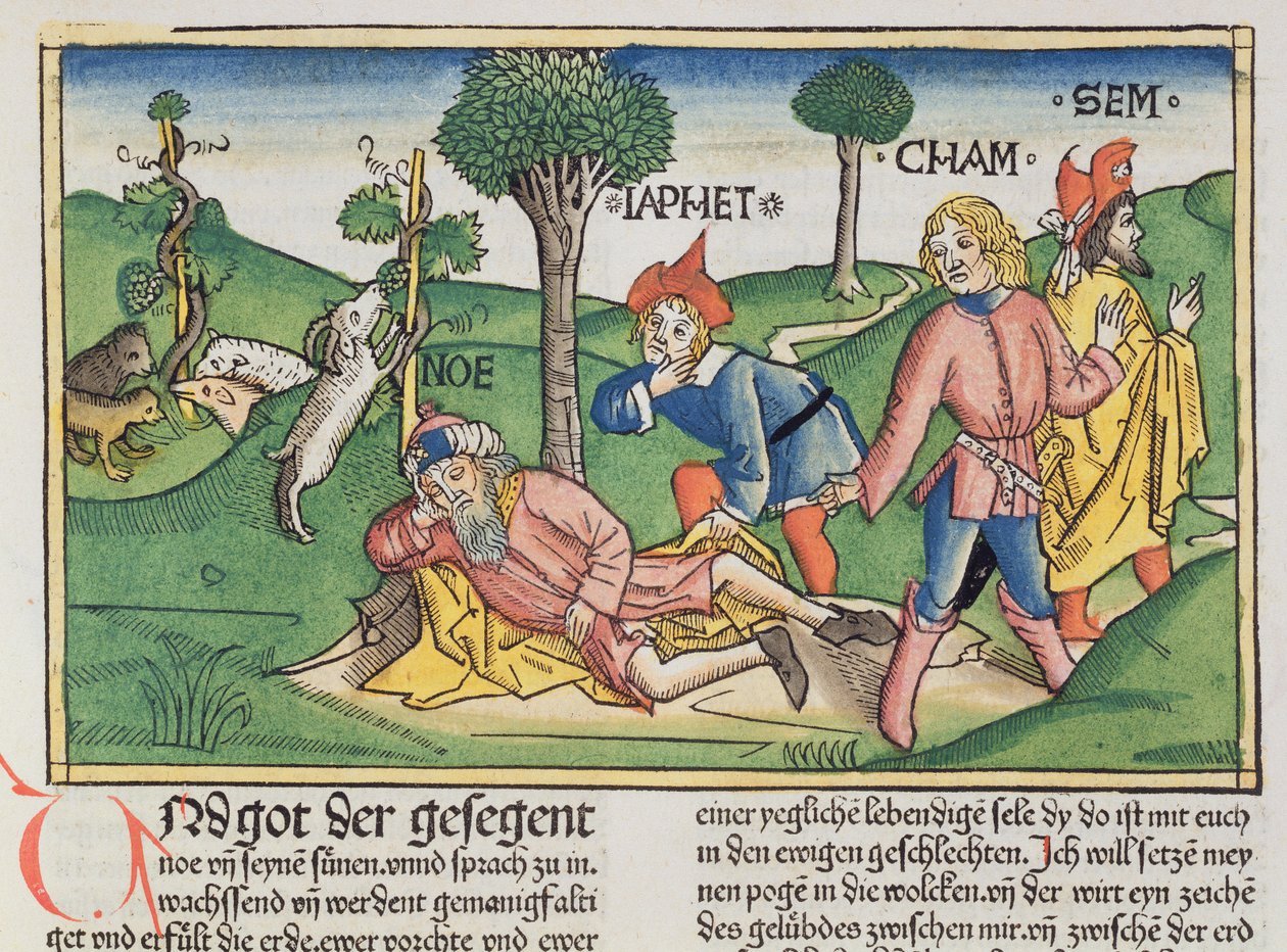 Genesis 9:20-27 Noah Covered with a Cloak by His Sons Shem, Ham and Japeth, from the Nuremberg Bible by German School