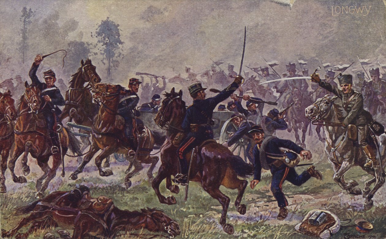 German hussars capturing French guns at Longwy, World War I, 22 August 1914 by German School