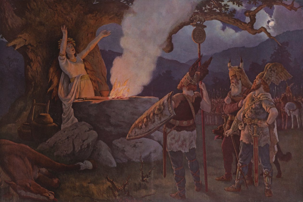 Germanic Warriors Consulting a Soothsayer by German School