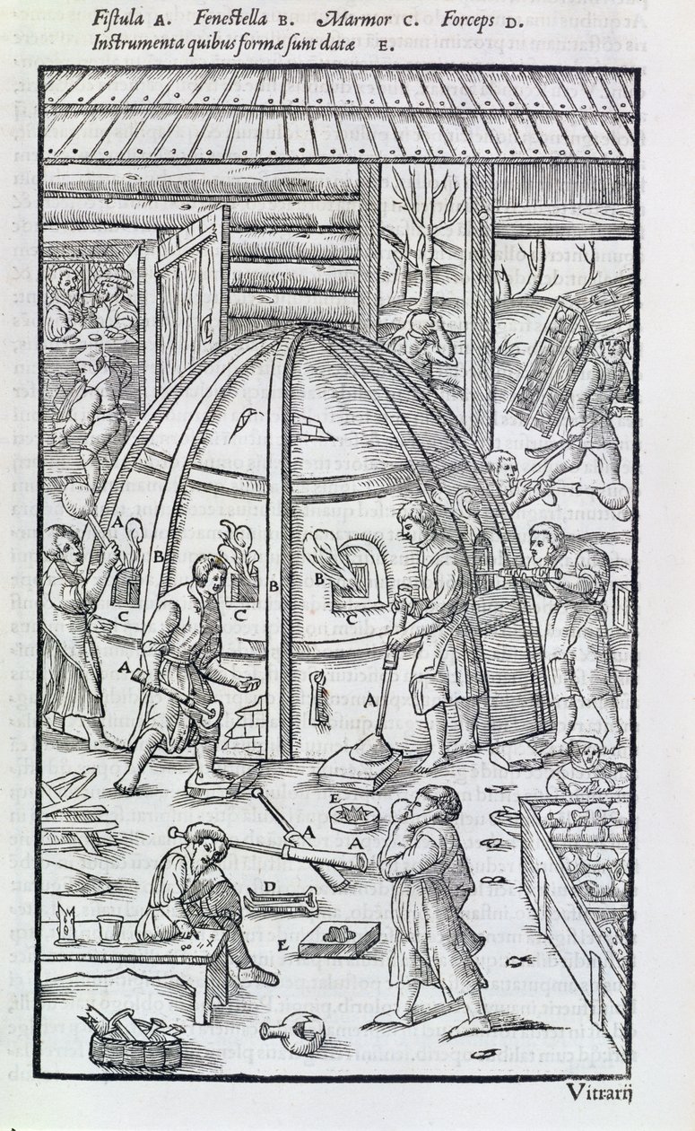 Glassworks, illustration showing the marble furnace and glass blowers by German School