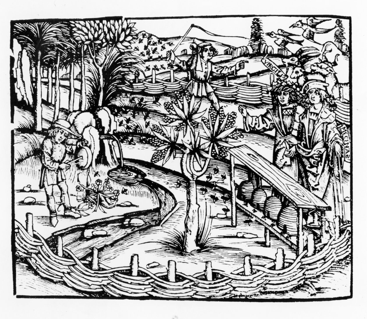 Happy husbandsmen tending bees, illustration from the Georgics by Virgil, book IV, from Sebastian Brants edition by German School