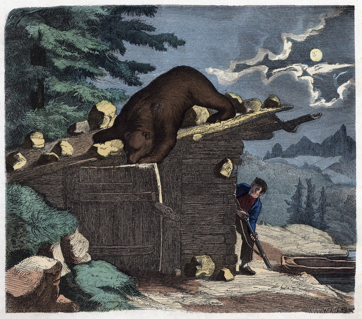 Hunter Wanting to Kill the Bear from the Alpine Forest. In 
