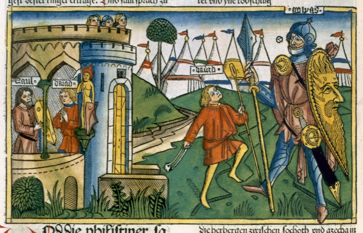 I Samuel 17:1-58 David defeats Goliath and meets Saul, from the Nuremberg Bible by German School