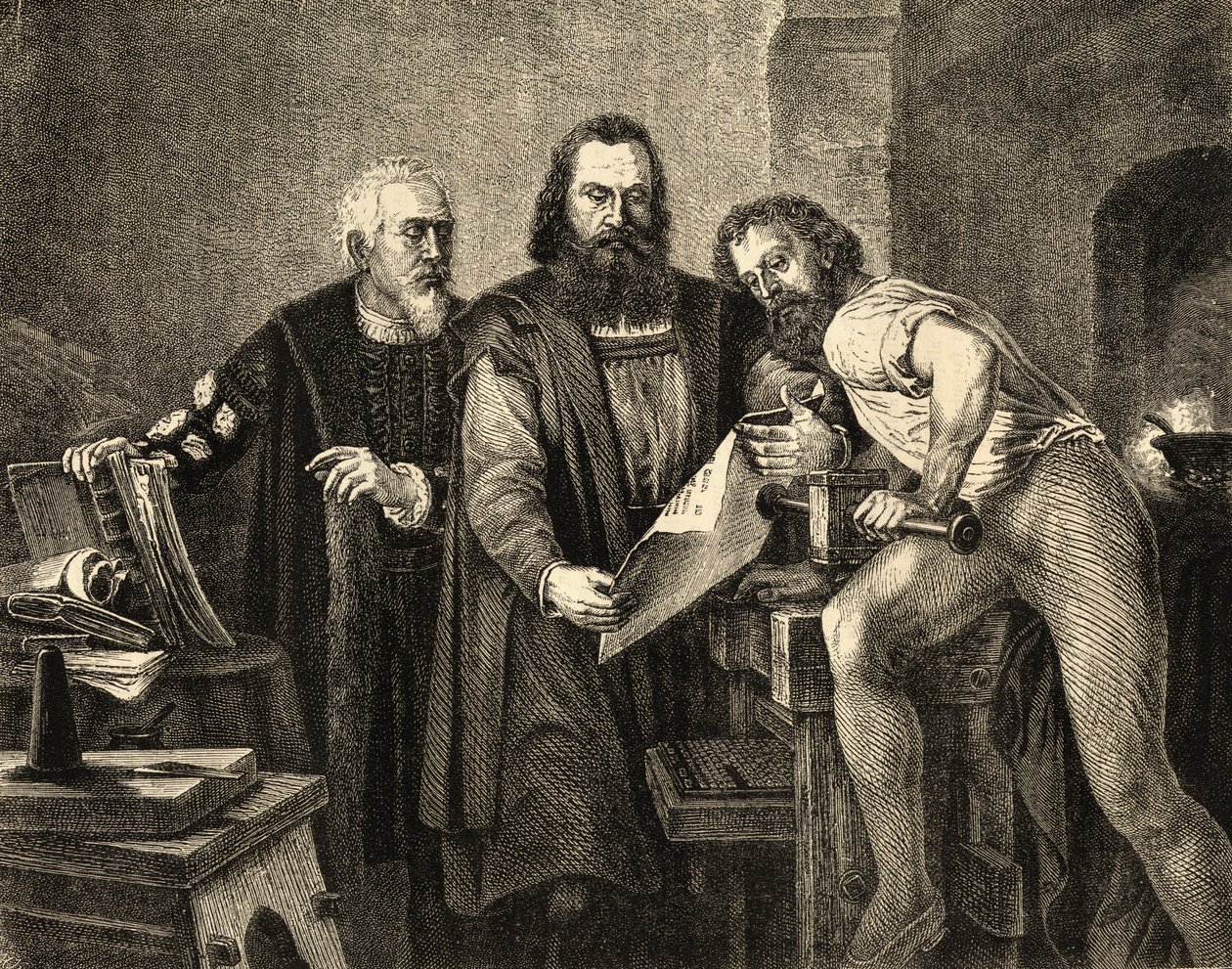 John Faust, John Gutenberg, and Peter Schoeffer by German School