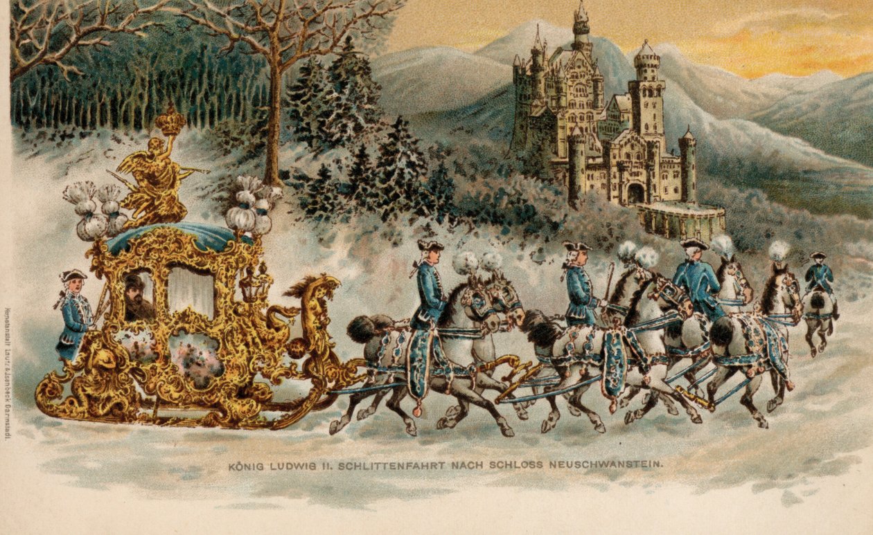 King Ludwig II of Bavaria Travelling to Neuschwanstein Castle in a Golden Sleigh by German School