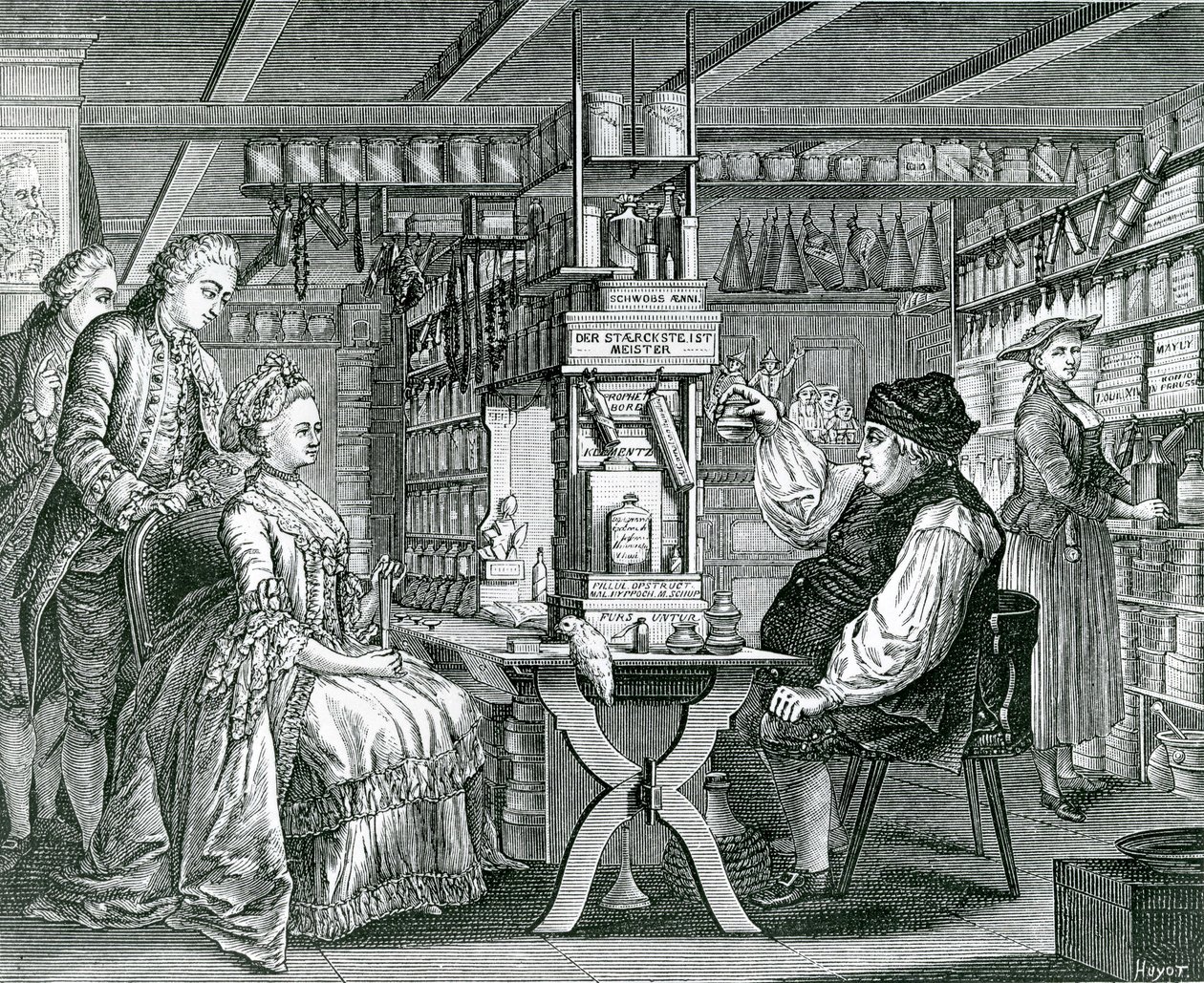 La Pharmacie Rustique, print made by Bartolomaus Hubner by German School