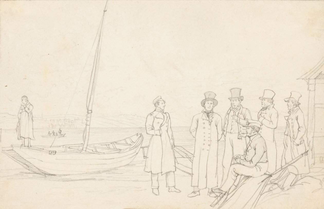 Lakeside scene with seven figures by German School