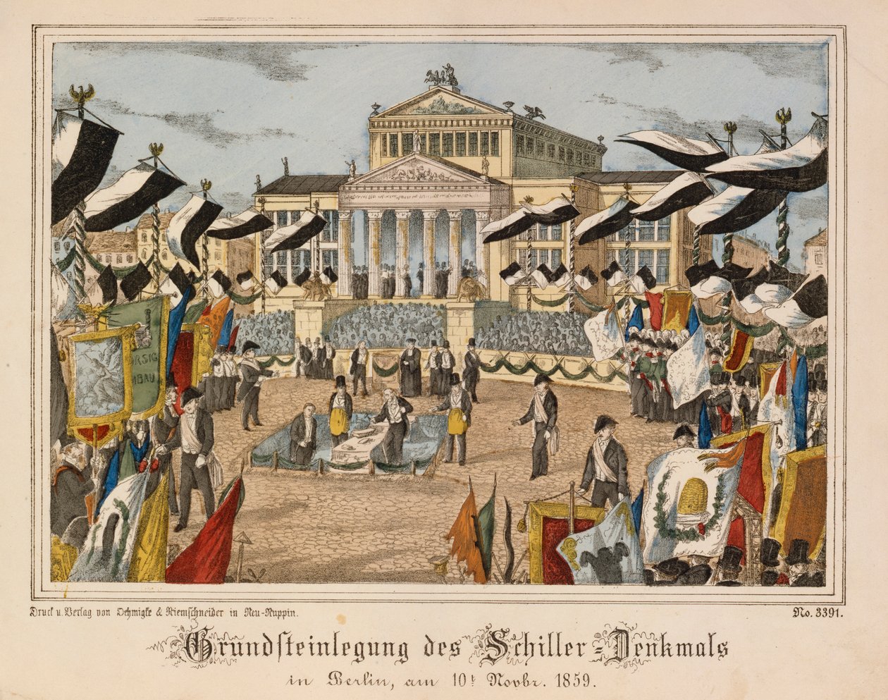 Laying of the Foundation Stone of the Schiller Monument at Gendarmenmarkt, Berlin, 10 November 1859, with the Schauspielhaus in the Background, from Neuruppiner Bilderbogen, Published by Oehmigle & Ri by German School
