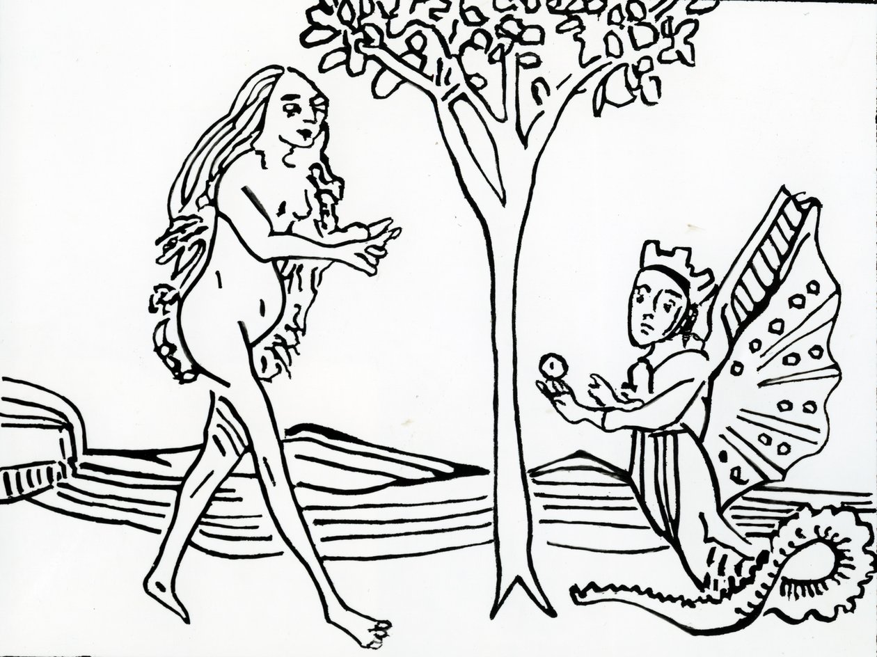 Lilith, winged and crowned, with serpent’s tail, offers the apple to Eve, from 