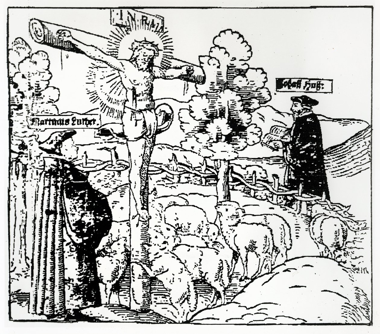 Luther and Hus with Christ in the Sheepfold by German School