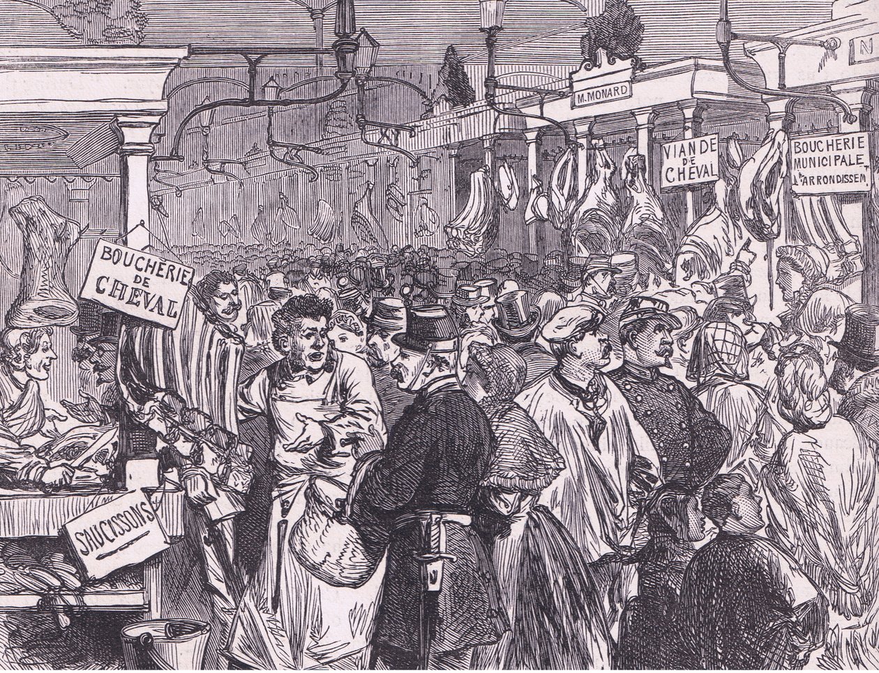 Meat market in Paris, Cassells History of the War between France and Germany published by Cassell and Company Limited, c.1890 by German School