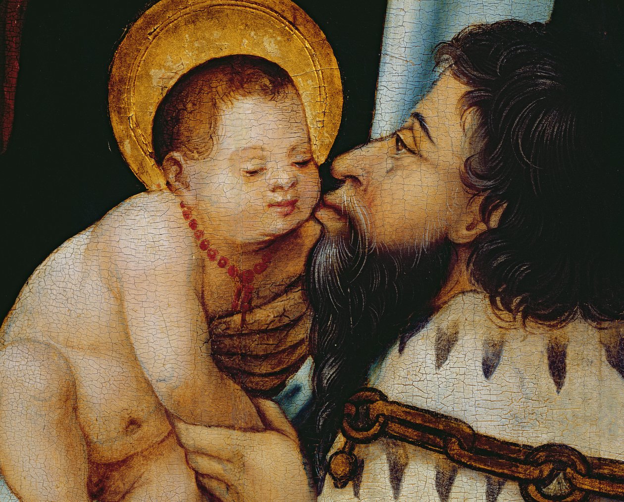 Melchior kisses the infant Jesus by German School