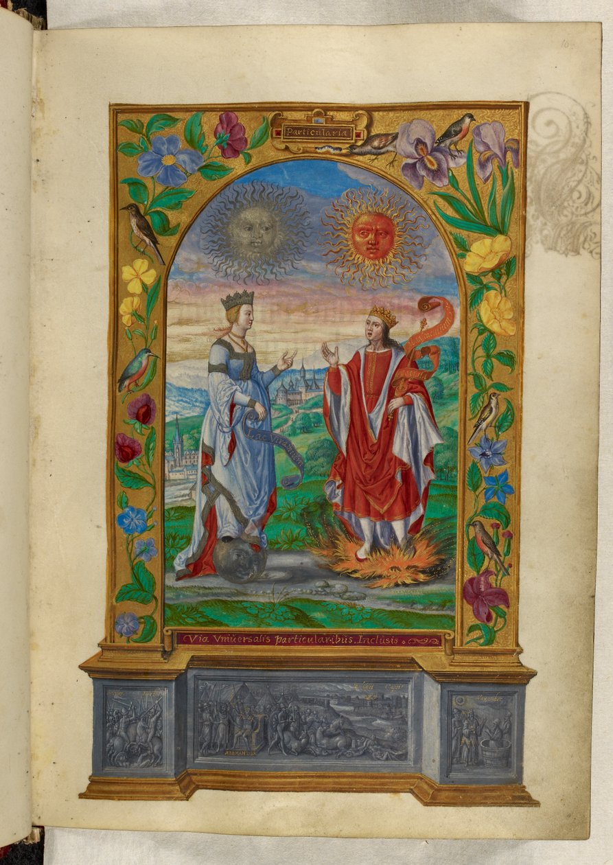 Miniature of a King and Queen bearing scrolls, from 