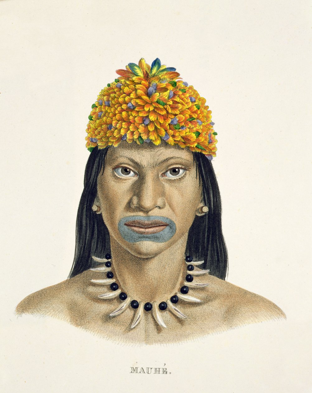 Native man of the Mauhe tribe, with headdress of small blue and orange feathers, from Atlas of a Journey in Brazil by Johann Baptist von Spix (1781-1826) and Karl Friedrich Philipp Martius (1794-1868) by German School