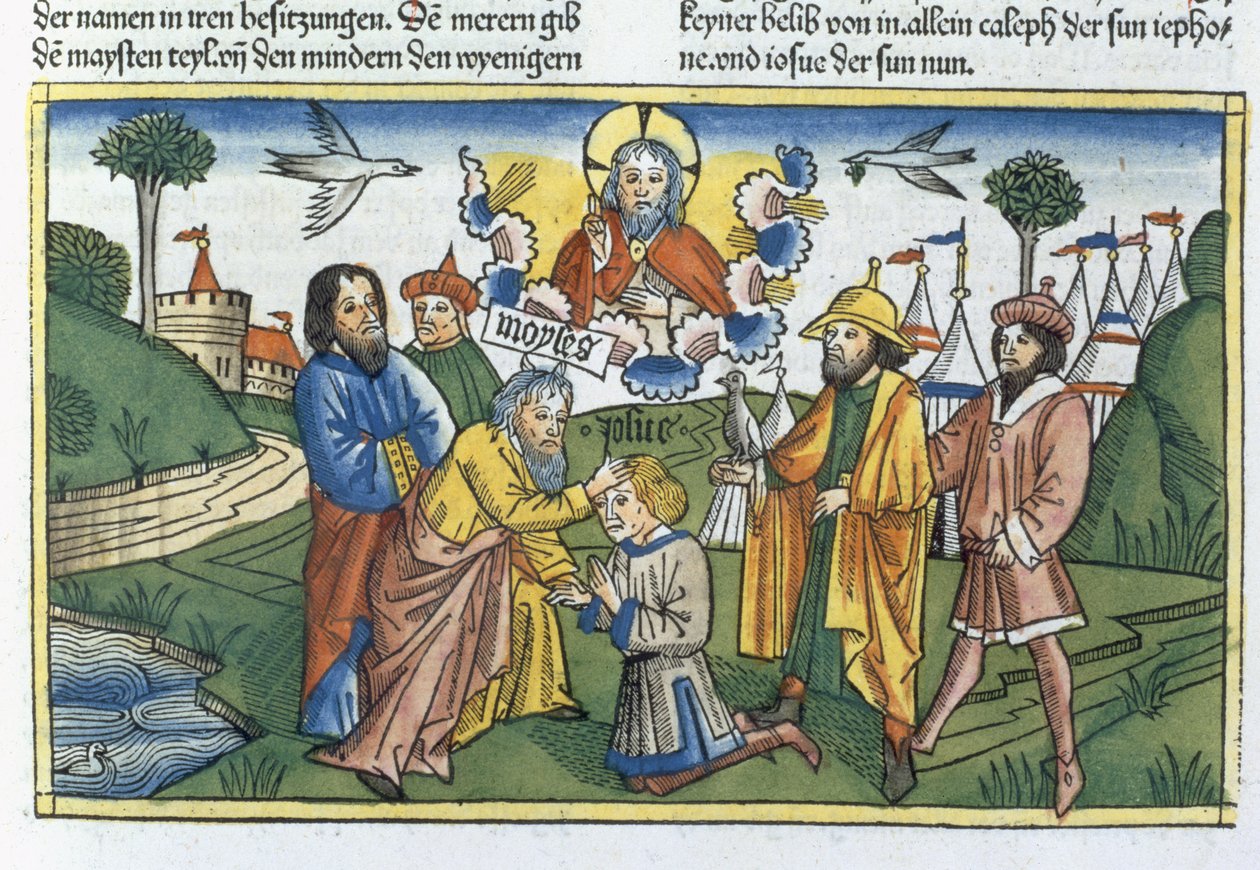 Numbers 27:18-23 Moses lays his hand upon Joshua, from the Nuremberg Bible by German School