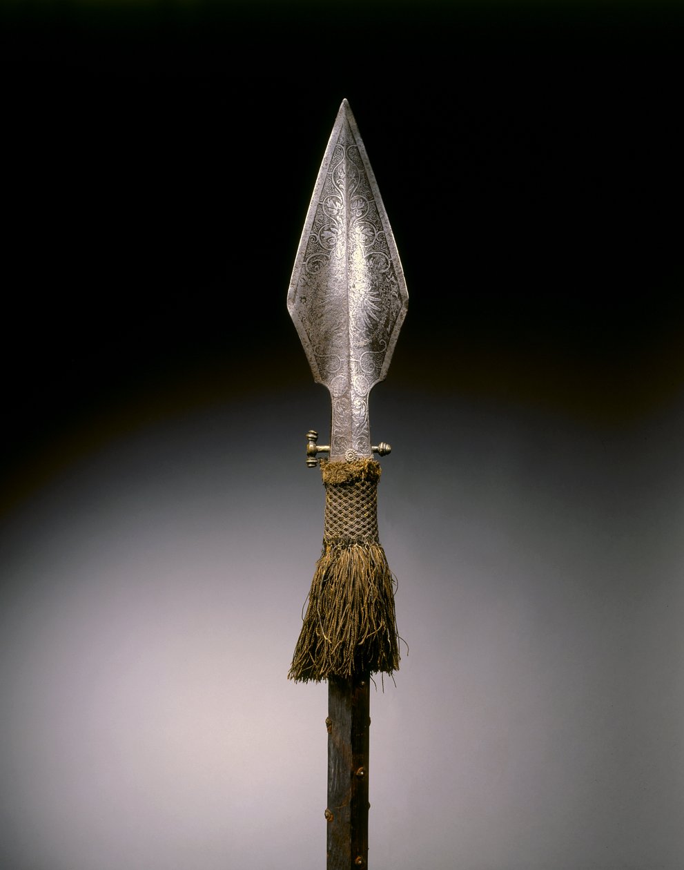 Parade Spear, Augsburg, c.1570-1600 (steel, brass, wood & leather with woollen tassel) by German School