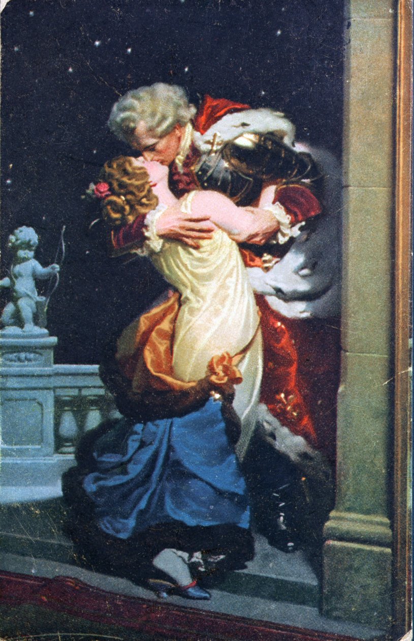Postcard depicting an eighteenth century couple kissing by German School