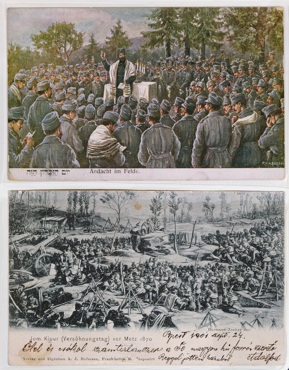 Religious services on the field of battle, German Jewish soldiers at prayer during the 1st World War, Yom Kippur service at Metz during the Franco-Prussian war of 1870 by German School
