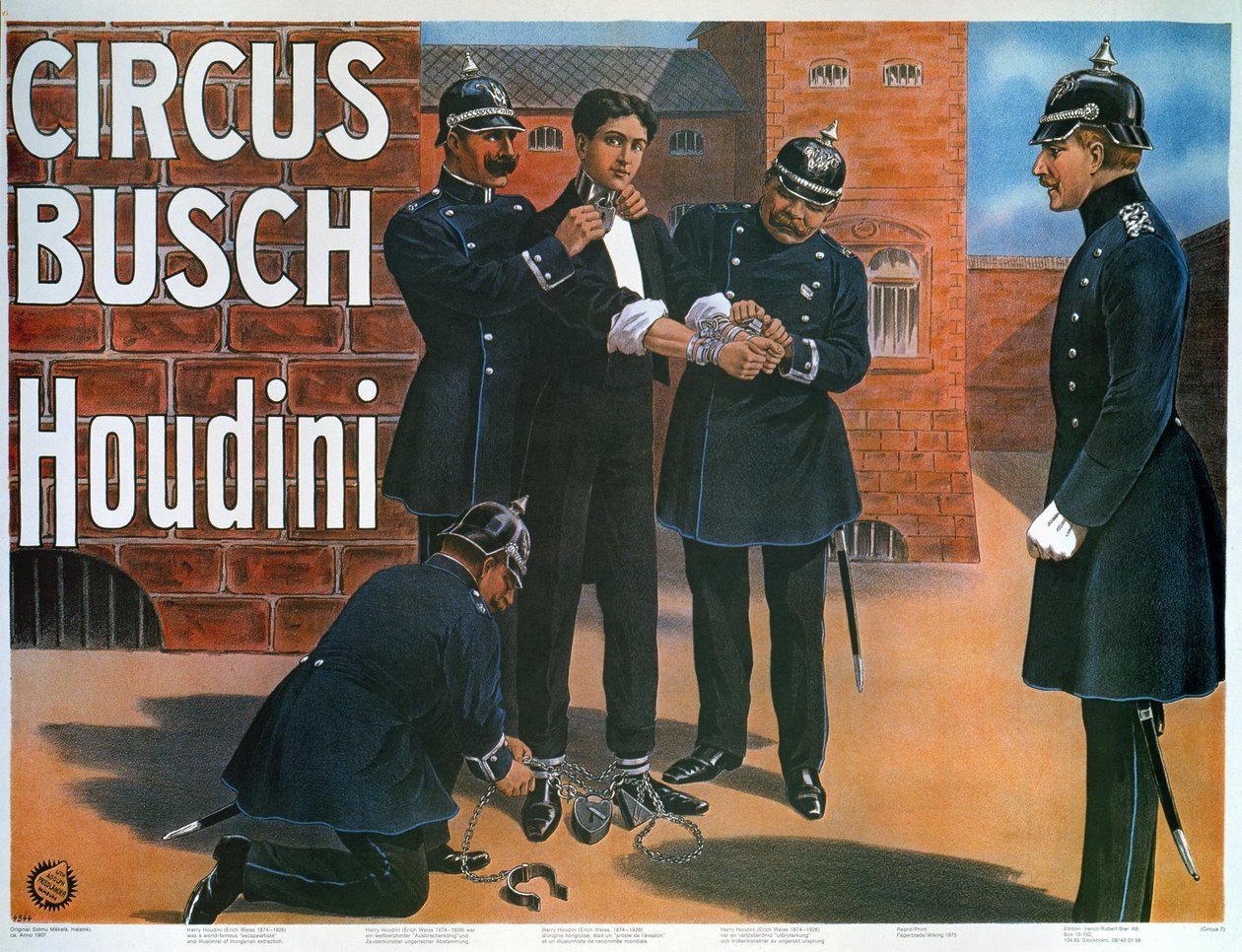 Reproduction of a poster of 1907 showing Houdini prior to an escape from a German prison by German School
