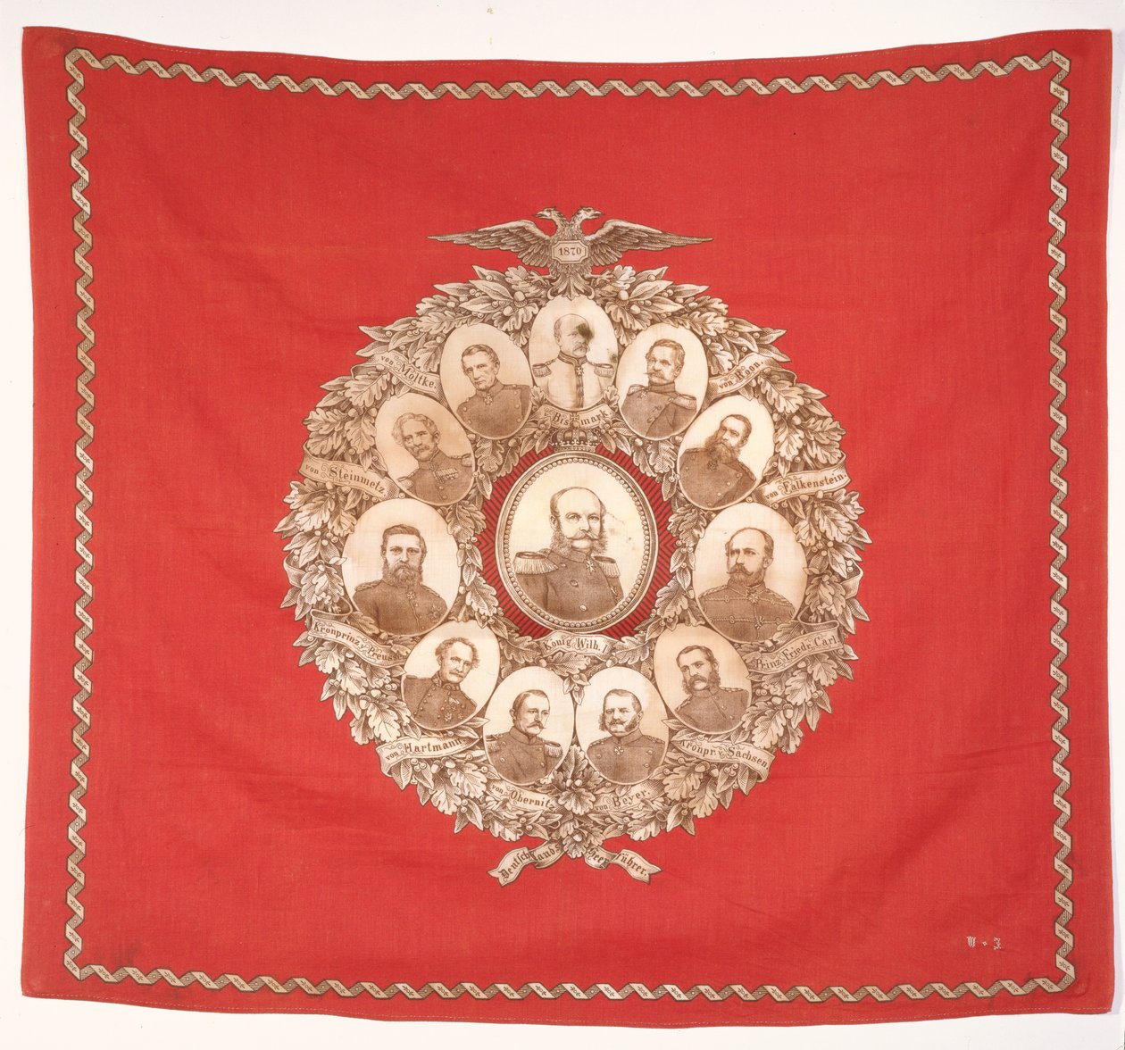 Scarf depicting the German Emperor, Wilhelm I surrounded by Bismarck and victorious marshals in celebration of the Franco-Prussian War, 1870 by German School