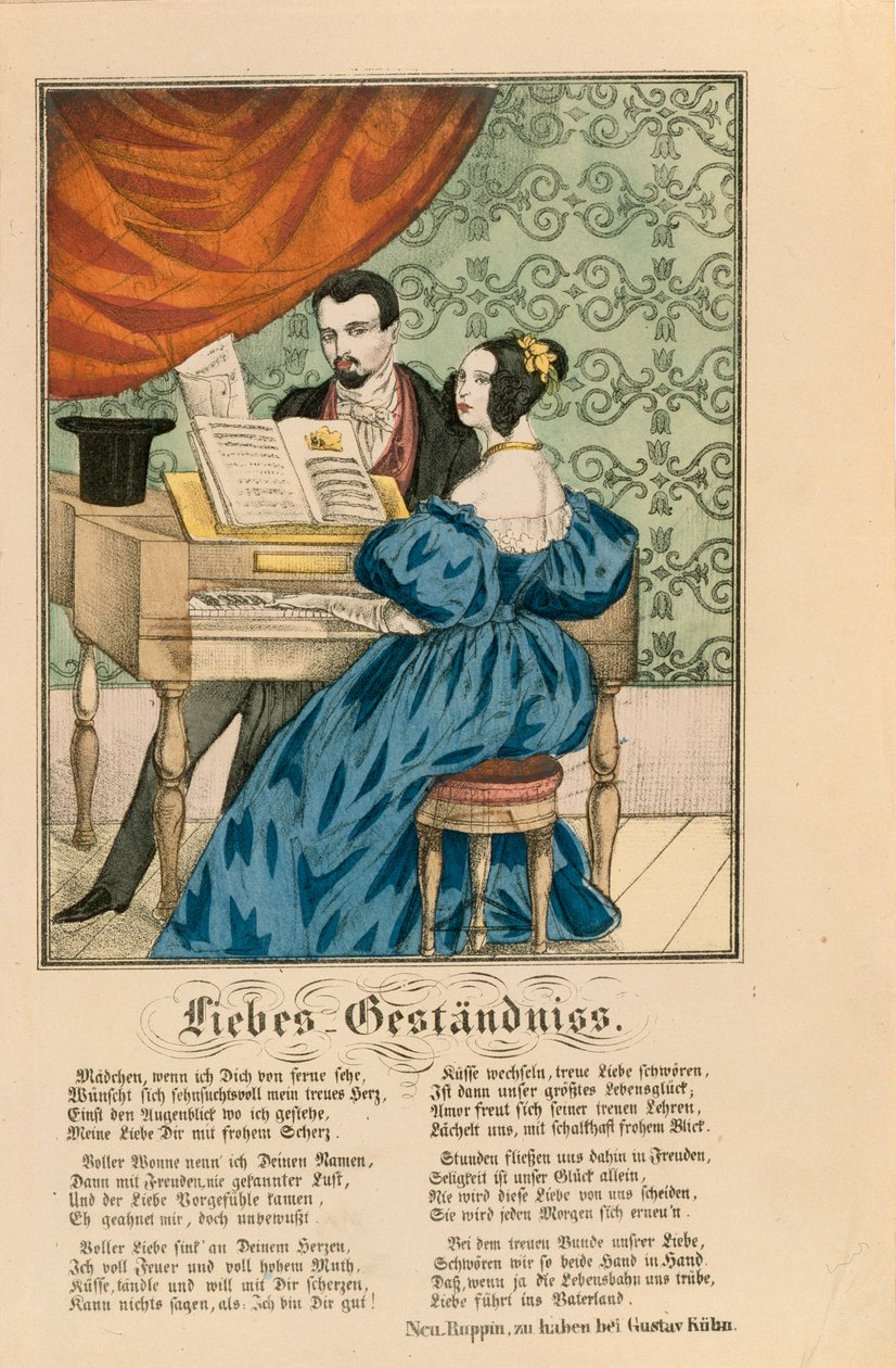 Scene Showing a Couple at the Piano, with a Love Poem Written Underneath, from Neuruppiner Bilderbogen, 1850 by German School