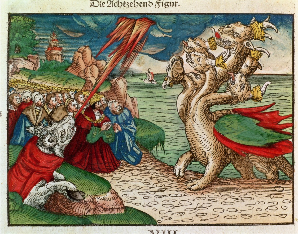 Seven-headed serpent from the Book of Revelation, from the Luther Bible by German School