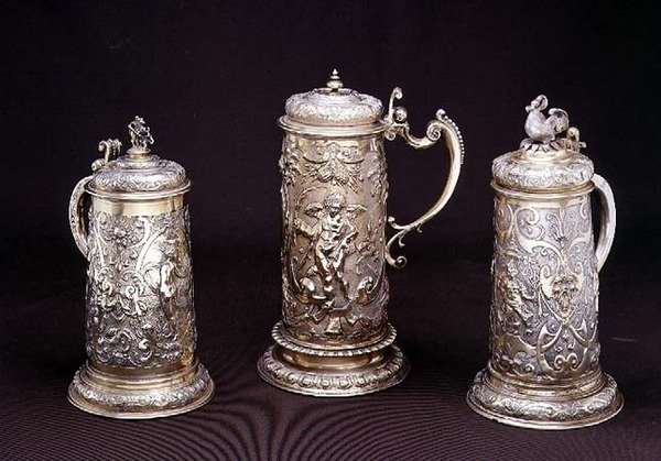 Silver gilt cylindrical tankard by Paul Hubner, Ausburg 1590; silver-gilt cylindrical tankard by Tobias Kramer, Ausburg 1620; parcel gilt cylindrical tankard by Paul Hubner, Ausburg 1590 by German School