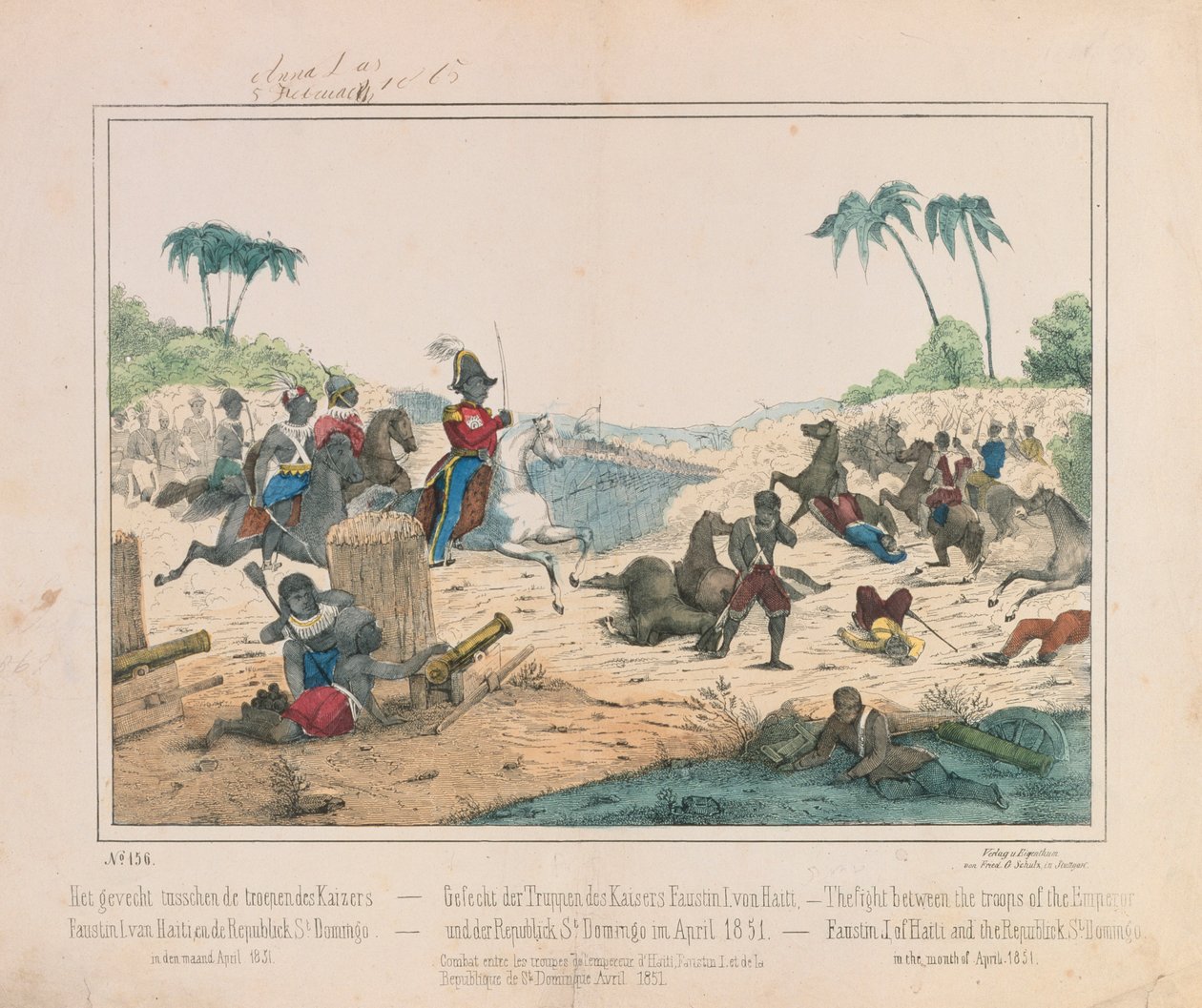 Skirmish Between Troops of Emperor Fuastin I of Haiti and the Dominican Republic of Santo Domingo in April 1851, Pictorial Broadsheet Published by Fried. Schulz Verlag, Stuttgart, 1851 by German School