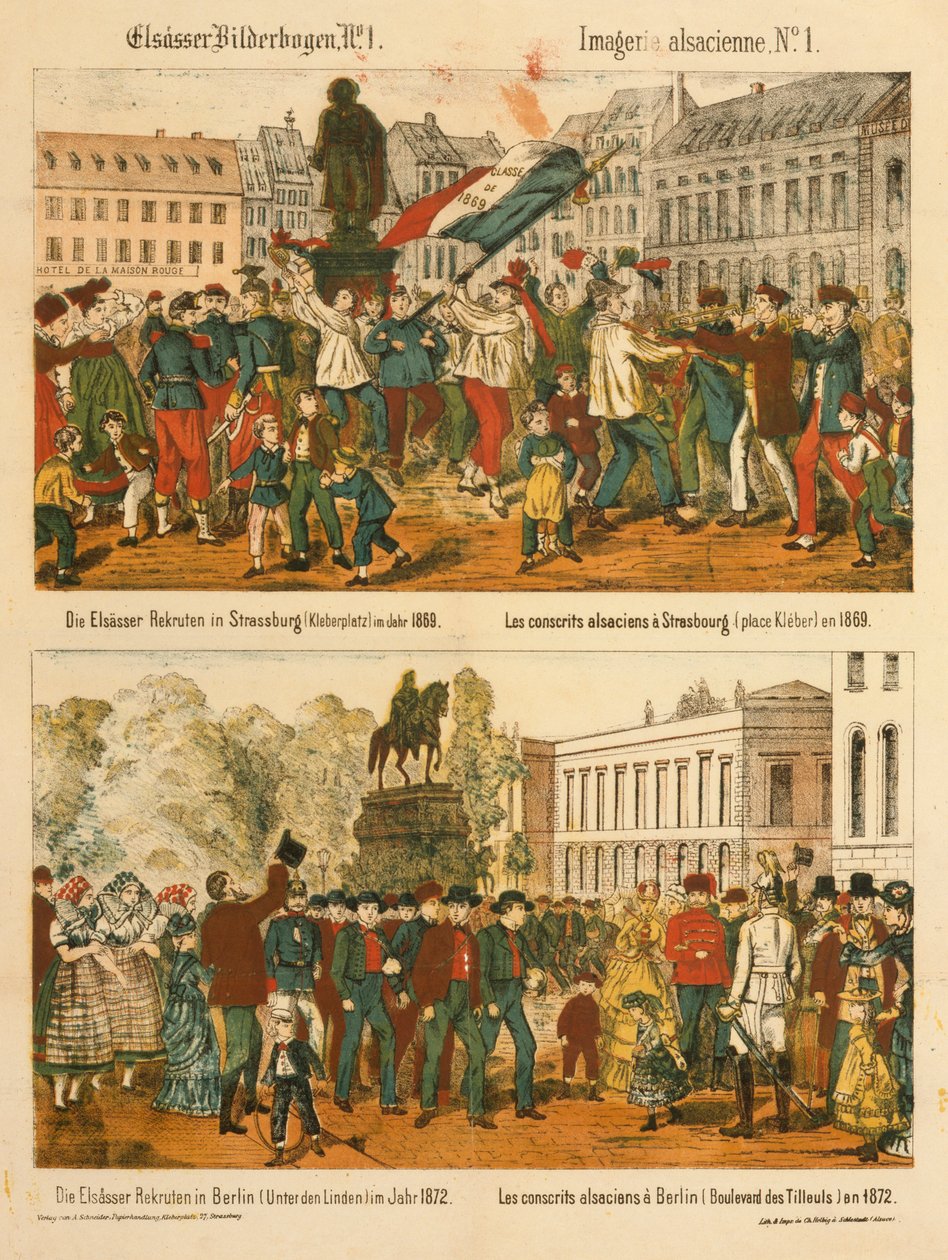 The Alsace Recruits in Strasbourg (Kleberplatz) in 1869 and in Berlin (Under den Linden) in 1872, from Elsaesser Bilderbogen, Published by A. Schneider, Strasbourg, 1873 by German School