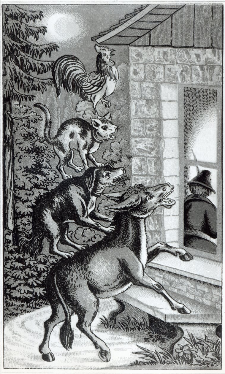The Four animals shouting at the window, illustration for The Musicians of Bremen Town, tale by the Brothers Grimm by German School