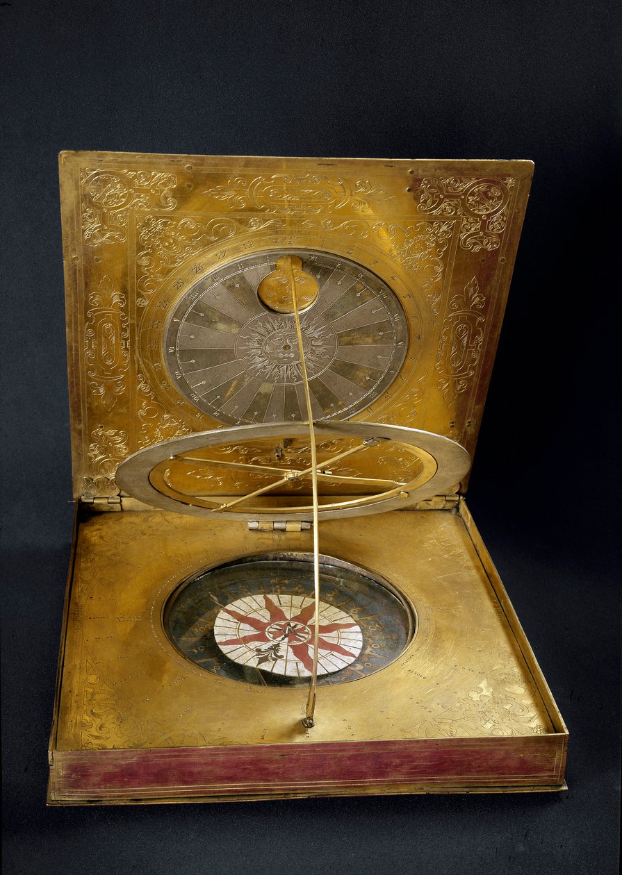 Universal solar clock made of copper, gold brad, glass and paper made in Germany. Early 17th century by German School