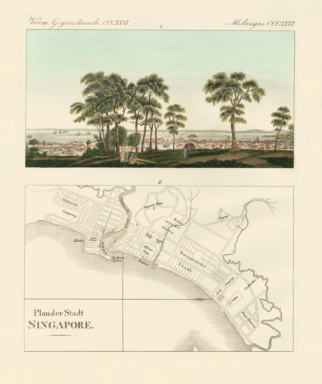 View and map of the East Indian establishment Singapore by German School