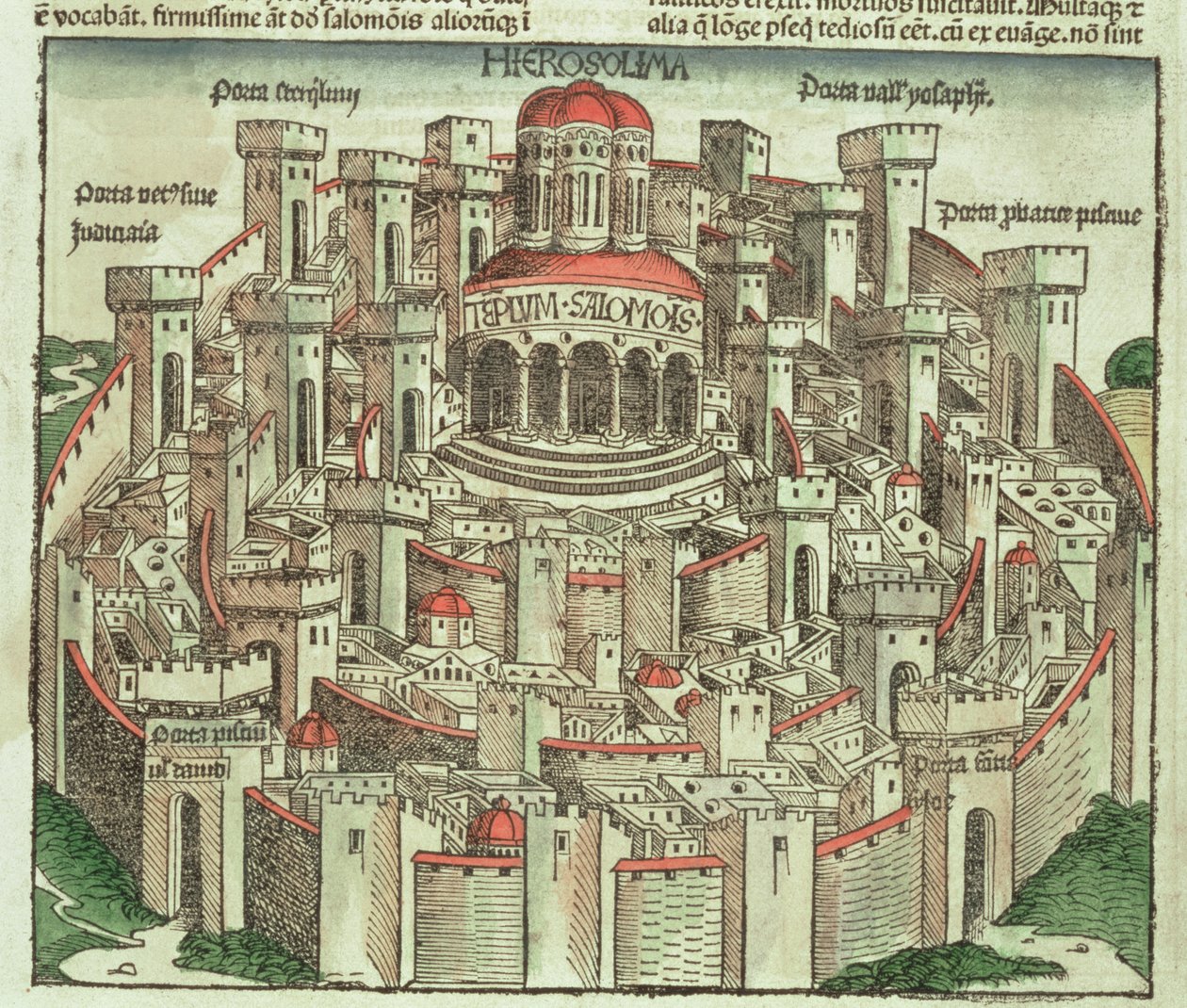 View of the walled city of Jerusalem showing the Temple of Solomon and the city gates by German School