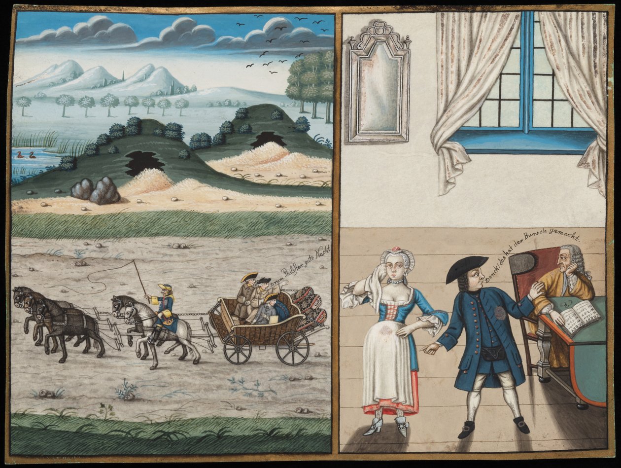 Wagon scene and a moneylender by German School