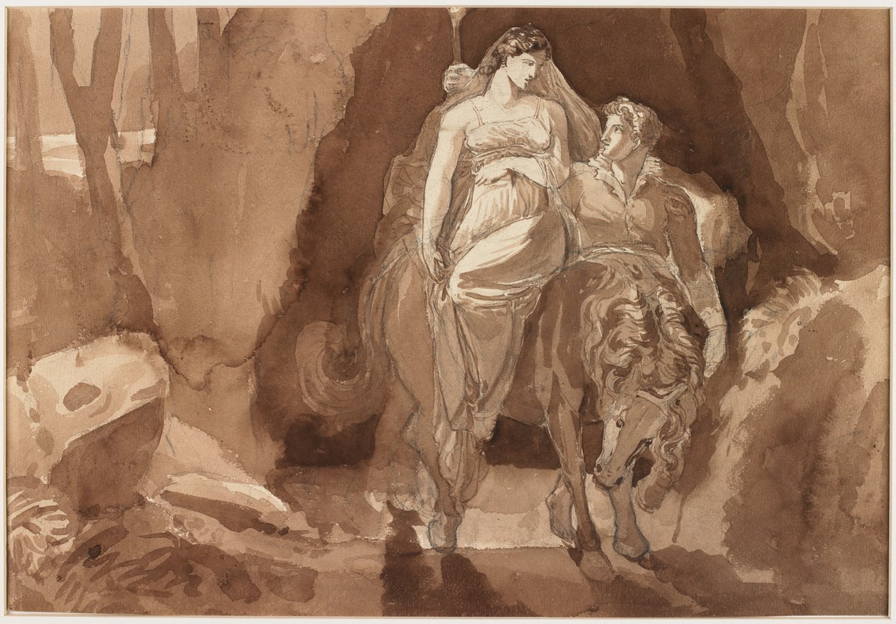 Young Man Accompanying a Young Woman on Horseback by German School