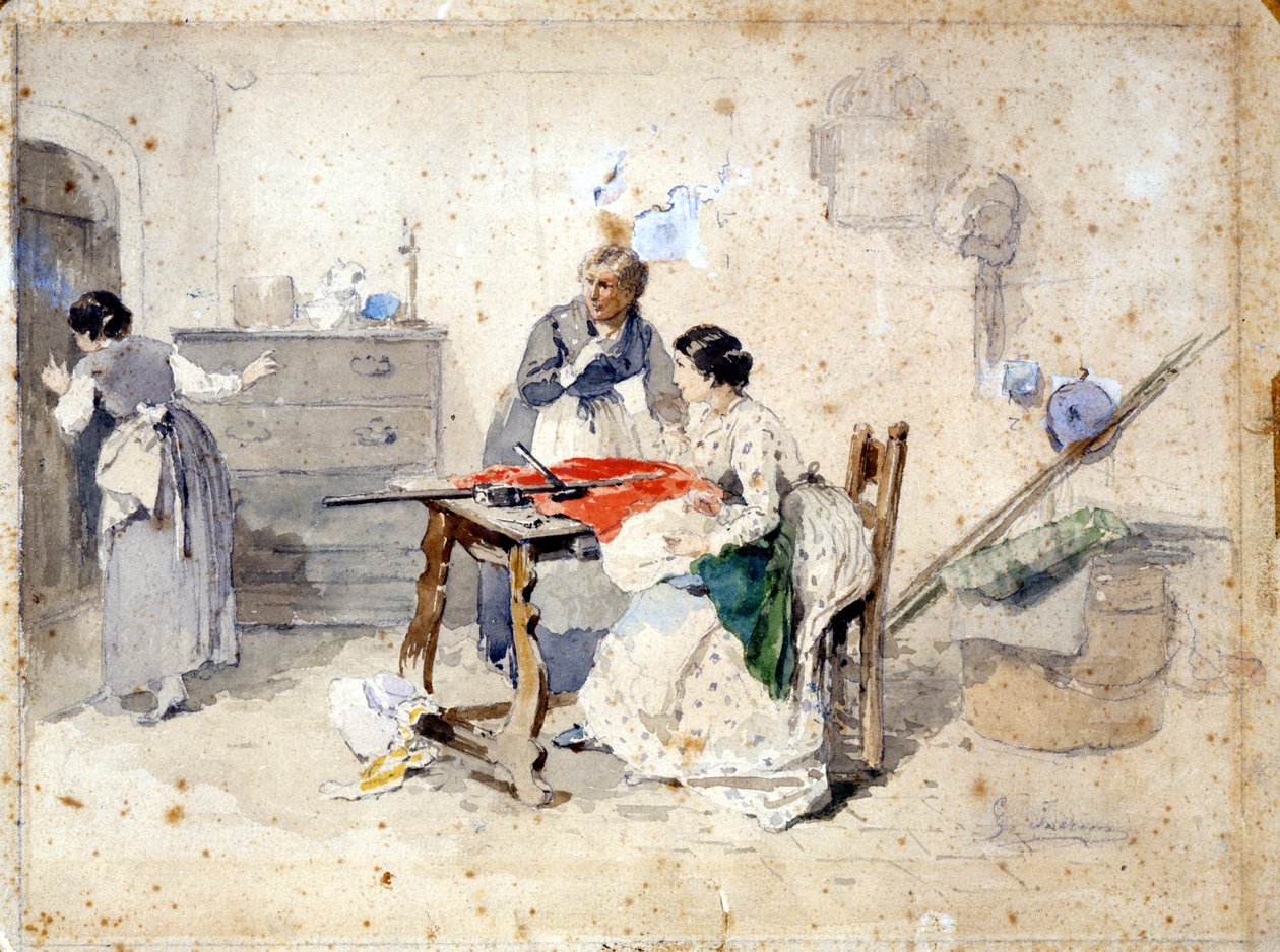 Milanese Women Make the Italian Tricolor Flag. Watercolour by Gerolamo Induno. Milan, Museo del Risorgimento by Gerolamo Induno