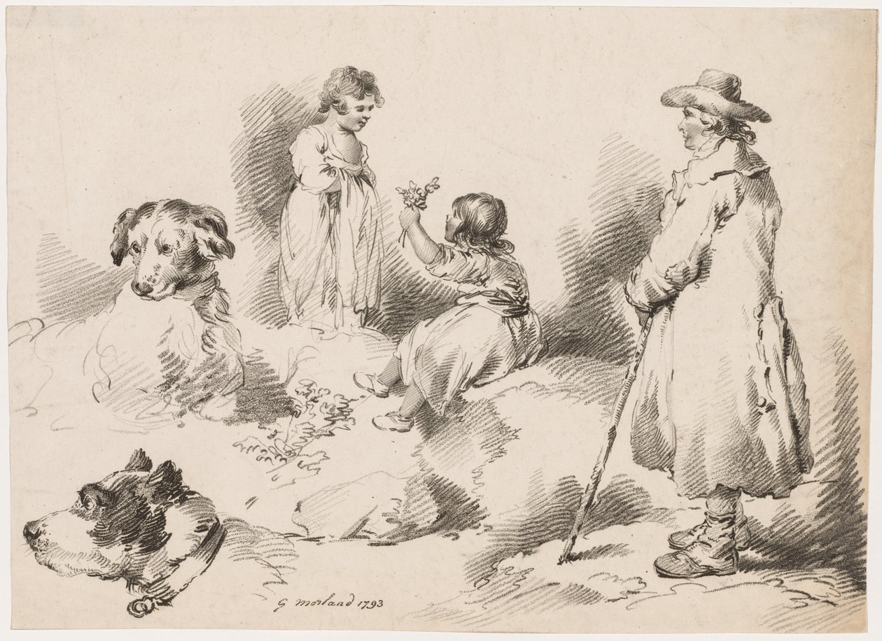 Studies of Children: Two Little Girls, Two Dogs, A Man, 1793 by Gerrard Street J. Harris Soho