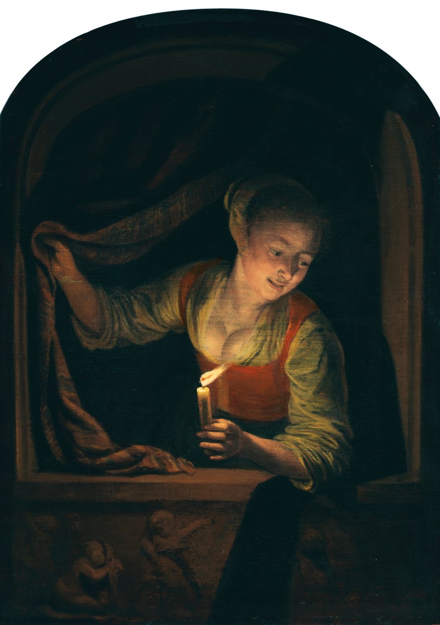 Young Woman with a Lighted Candle at a Window by Gerrit Dou
