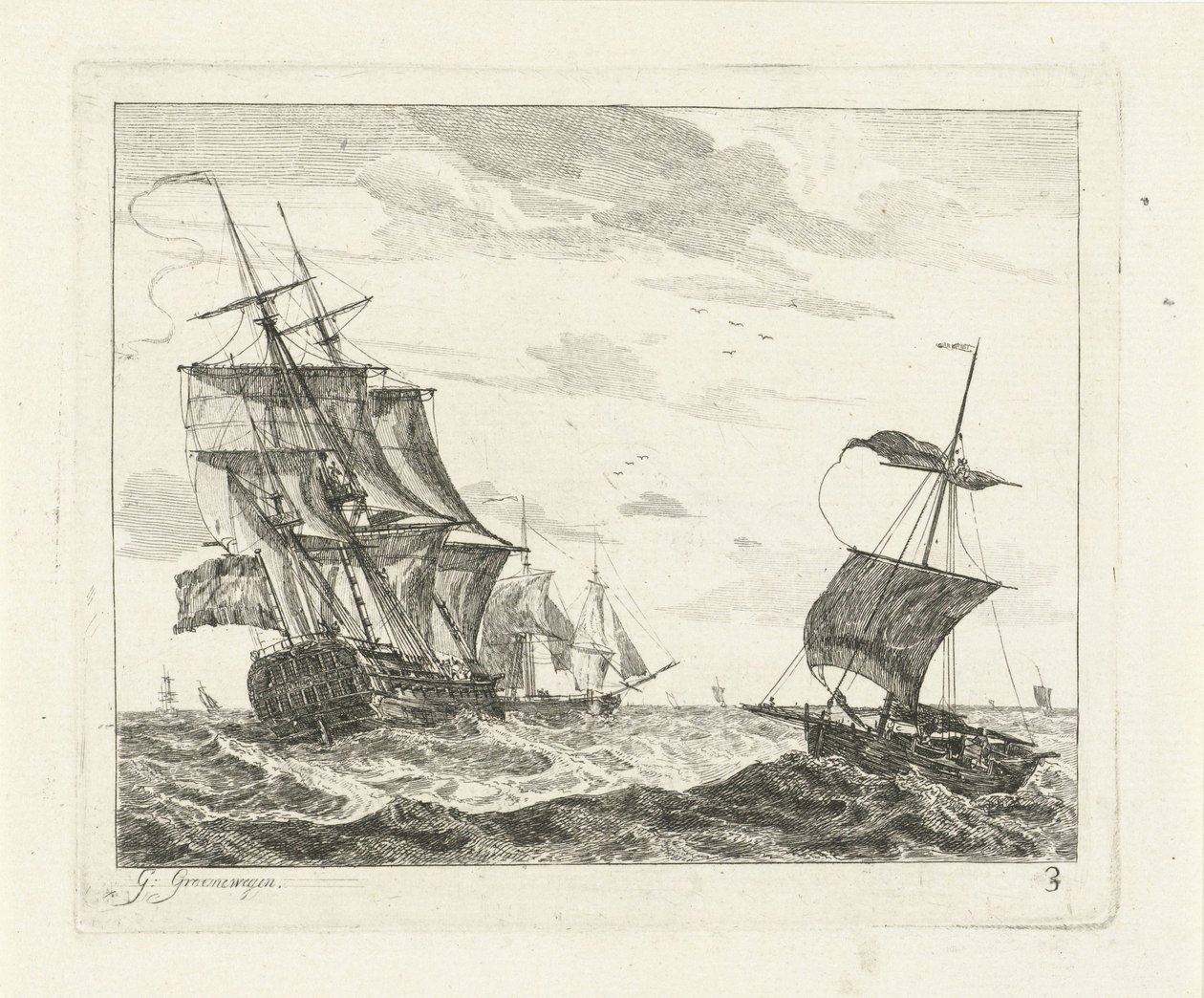 Sailing Ships on Rough Sea by Gerrit Groenewegen