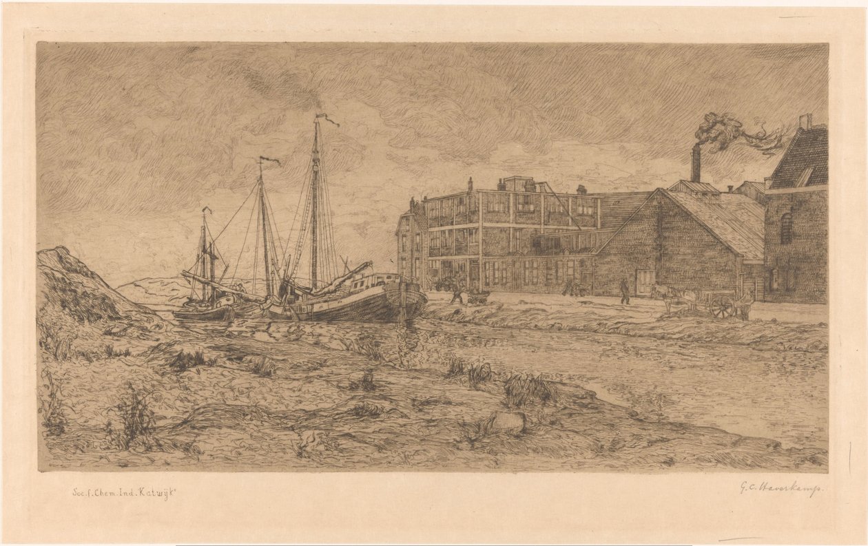 Moored barges near a factory by Gerrit Haverkamp (signed by artist)